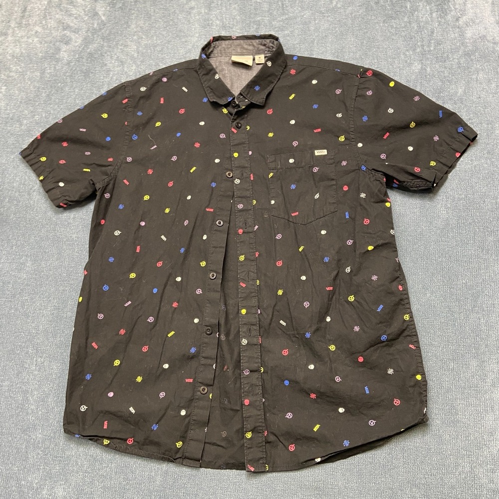 Vans Shirt Men Medium Black All-Over Graphic Print Short-Sleeve Button-Up Casual